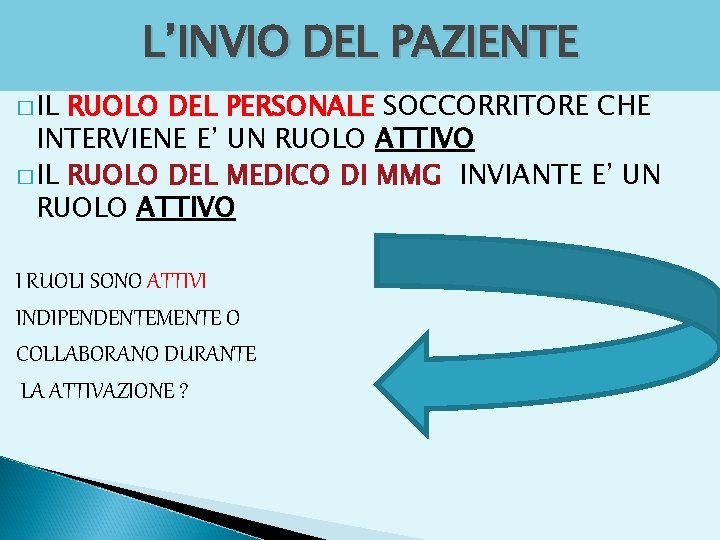 L’INVIO DEL PAZIENTE � IL RUOLO DEL PERSONALE SOCCORRITORE CHE INTERVIENE E’ UN RUOLO