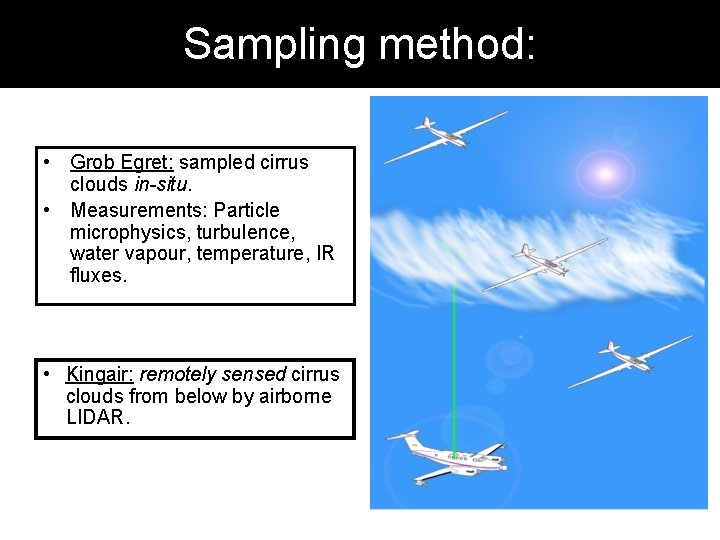 Sampling method: • Grob Egret: sampled cirrus clouds in-situ. • Measurements: Particle microphysics, turbulence,