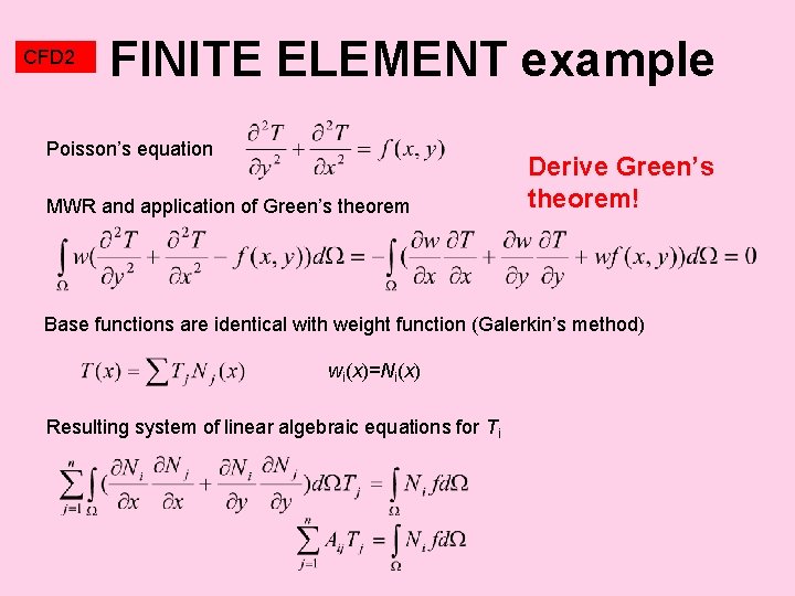 CFD 2 FINITE ELEMENT example Poisson’s equation MWR and application of Green’s theorem Derive
