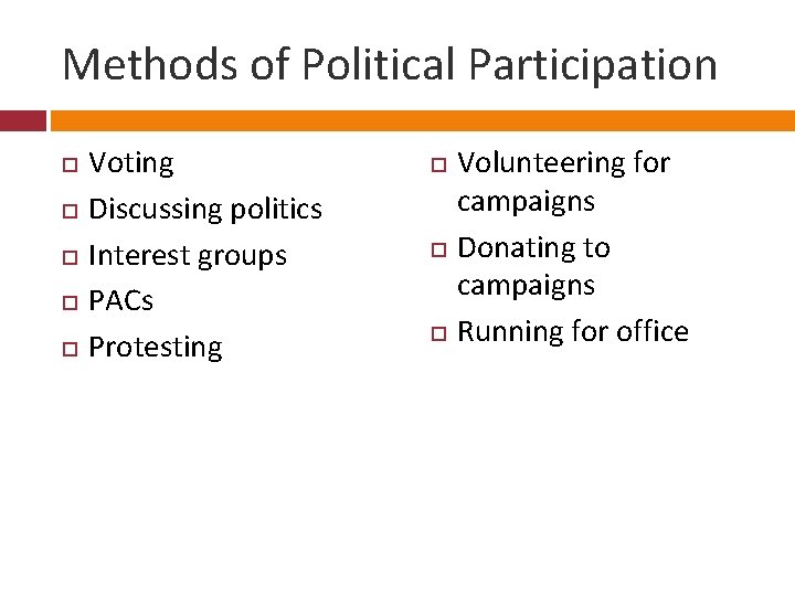 Methods of Political Participation Voting Discussing politics Interest groups PACs Protesting Volunteering for campaigns
