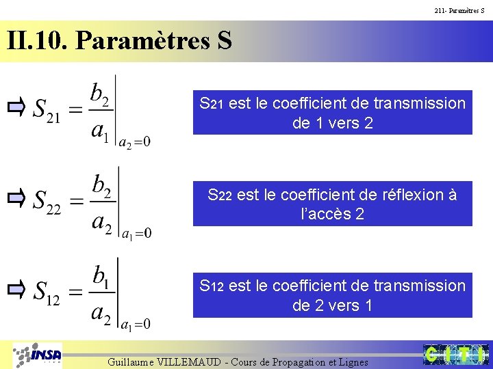 211 - Paramètres S II. 10. Paramètres S S 21 est le coefficient de