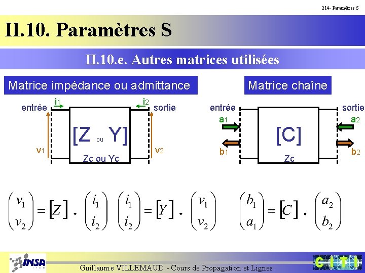 214 - Paramètres S II. 10. e. Autres matrices utilisées Matrice impédance ou admittance