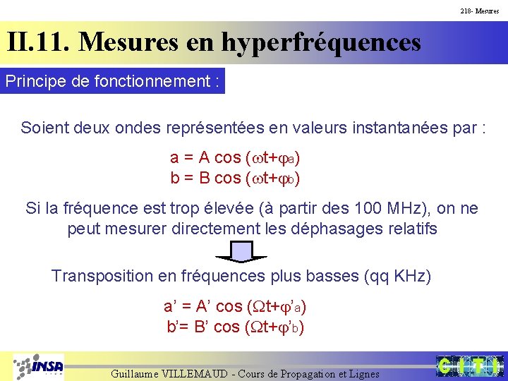 218 - Mesures II. 11. Mesures en hyperfréquences Principe de fonctionnement : Soient deux