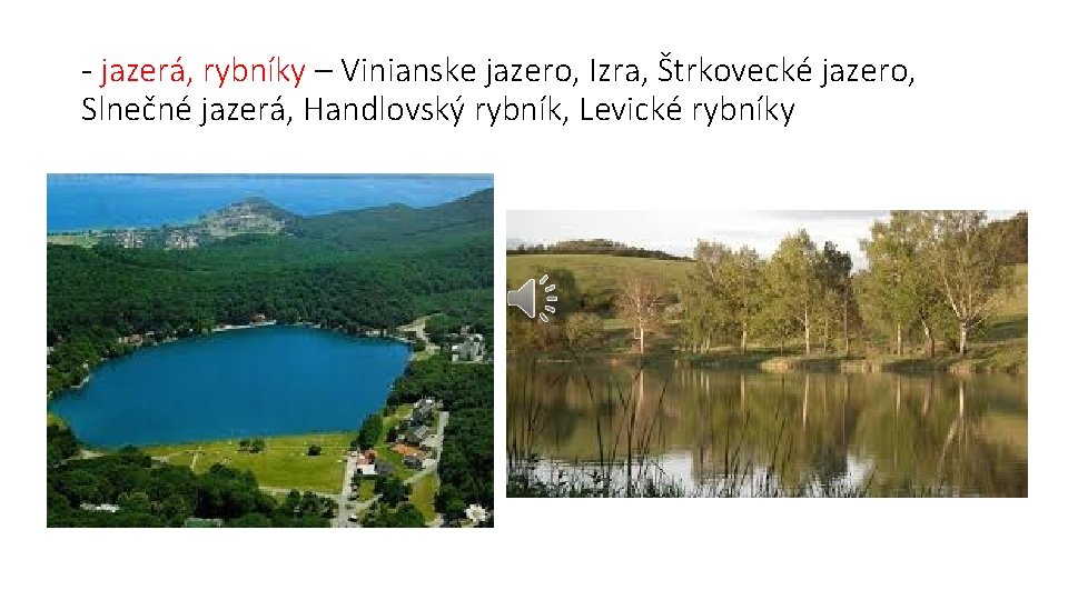 - jazerá, rybníky – Vinianske jazero, Izra, Štrkovecké jazero, Slnečné jazerá, Handlovský rybník, Levické