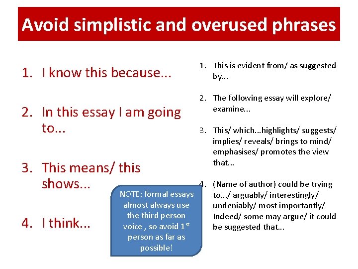 Avoid simplistic and overused phrases 1. I know this because. . . 2. In