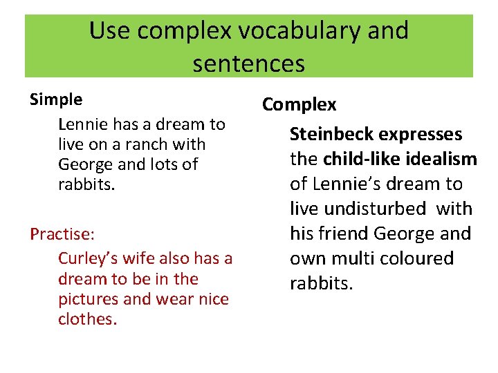 Use complex vocabulary and sentences Simple Lennie has a dream to live on a