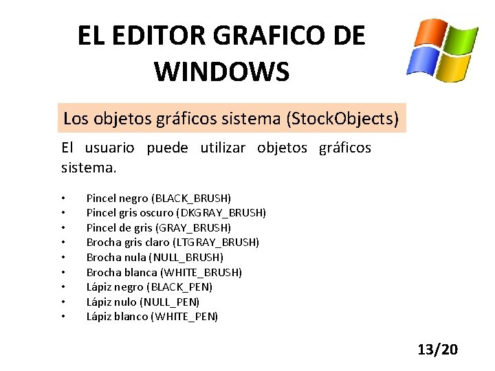EL EDITOR GRAFICO DE WINDOWS Los objetos gráficos sistema (Stock. Objects) El usuario puede