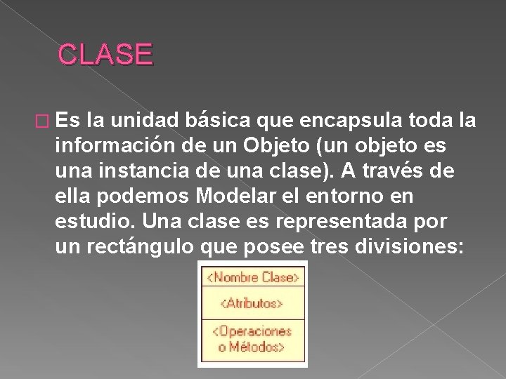 CLASE � Es la unidad básica que encapsula toda la información de un Objeto