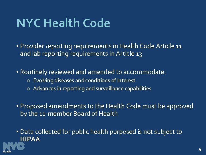 NYC Health Code • Provider reporting requirements in Health Code Article 11 and lab