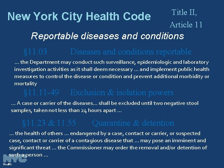 New York City Health Code Title II, Article 11 Reportable diseases and conditions §