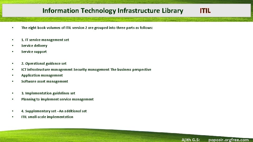 Information Technology Infrastructure Library • The eight book volumes of ITIL version 2 are