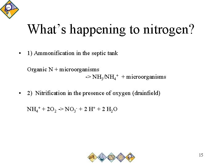 What’s happening to nitrogen? • 1) Ammonification in the septic tank Organic N +