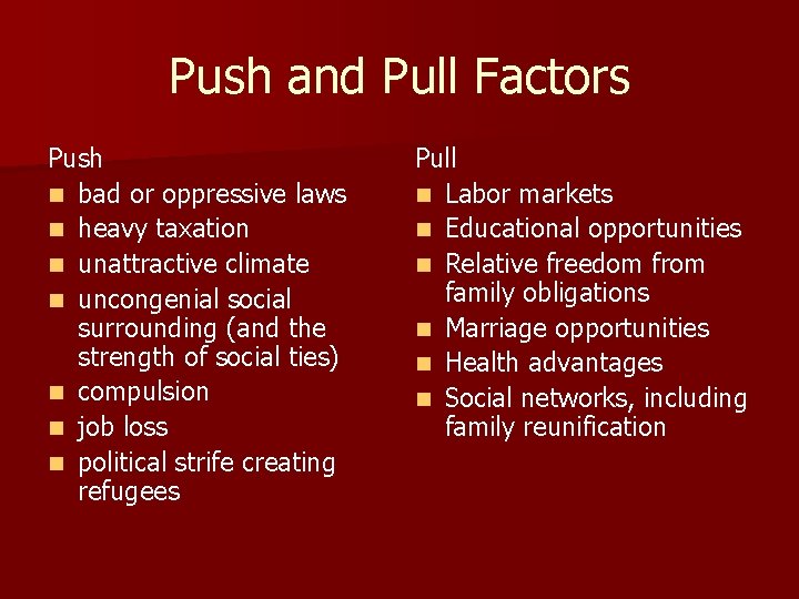 Push and Pull Factors Push n bad or oppressive laws n heavy taxation n Push and Pull Factors Push n bad or oppressive laws n heavy taxation n