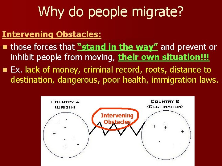 Why do people migrate? Intervening Obstacles: n those forces that “stand in the way” Why do people migrate? Intervening Obstacles: n those forces that “stand in the way”