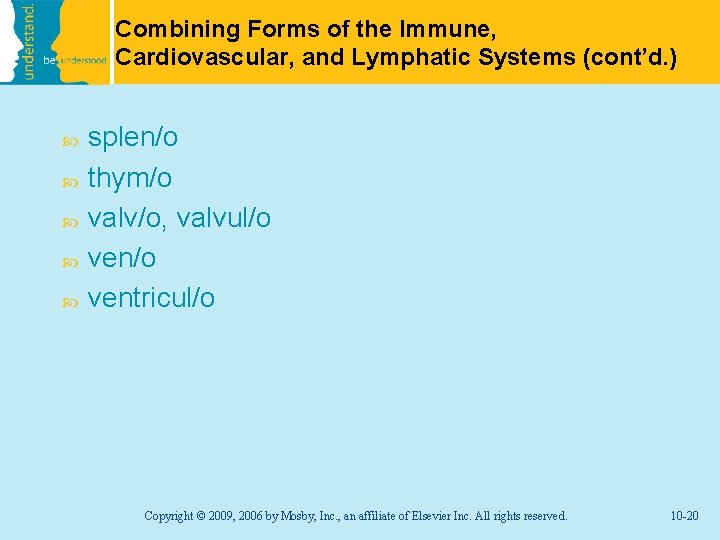 Combining Forms of the Immune, Cardiovascular, and Lymphatic Systems (cont’d. ) splen/o thym/o valv/o,