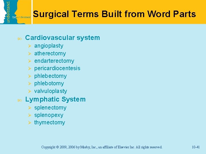 Surgical Terms Built from Word Parts Cardiovascular system Ø Ø Ø Ø angioplasty atherectomy