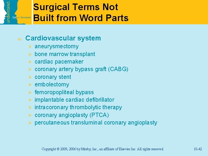 Surgical Terms Not Built from Word Parts Cardiovascular system Ø Ø Ø aneurysmectomy bone
