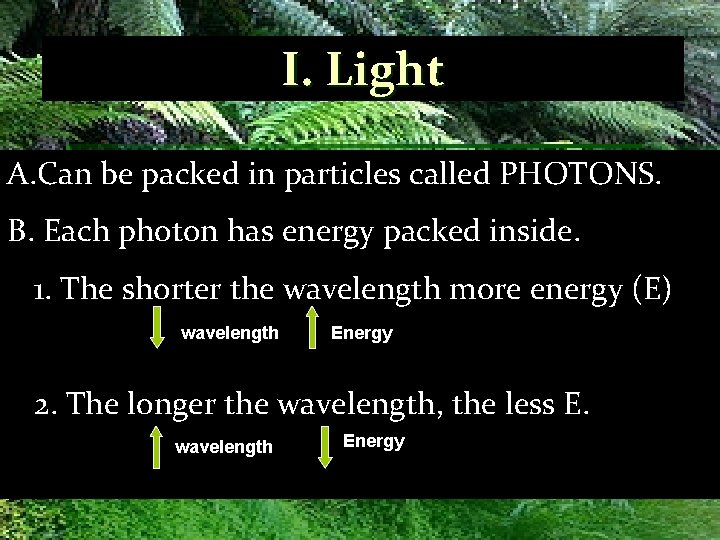 I. Light A. Can be packed in particles called PHOTONS. B. Each photon has