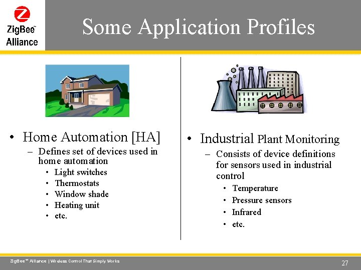 Some Application Profiles Wireless Control That Simply Works • Home Automation [HA] – Defines