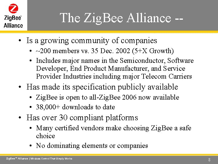 The Zig. Bee Alliance -- Wireless Control That Simply Works • Is a growing