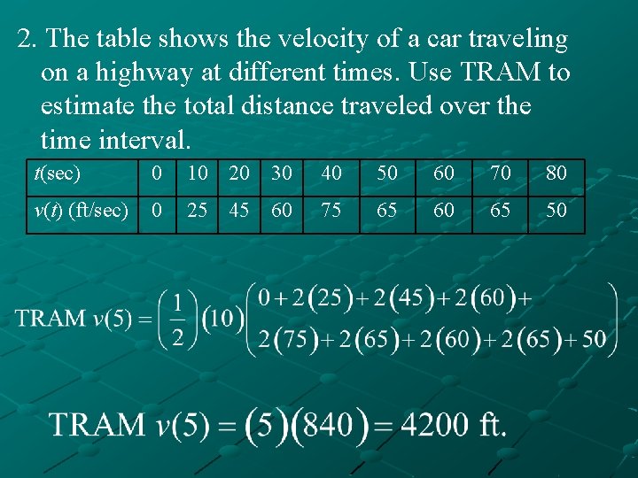 2. The table shows the velocity of a car traveling on a highway at
