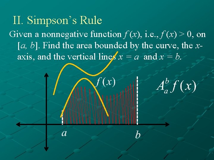 II. Simpson’s Rule Given a nonnegative function f (x), i. e. , f (x)