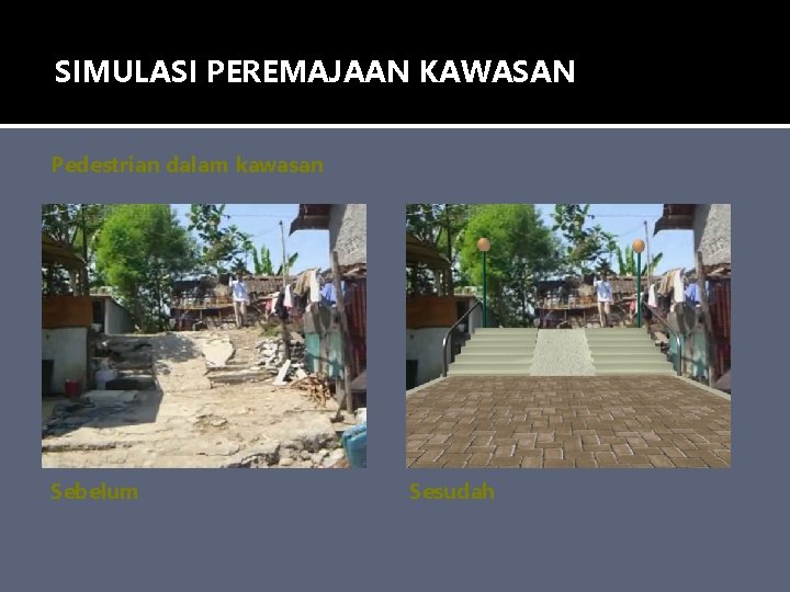 SIMULASI PEREMAJAAN KAWASAN Pedestrian dalam kawasan Sebelum Sesudah 