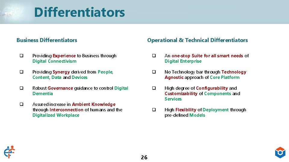 Differentiators Business Differentiators Operational & Technical Differentiators q Providing Experience to Business through Digital