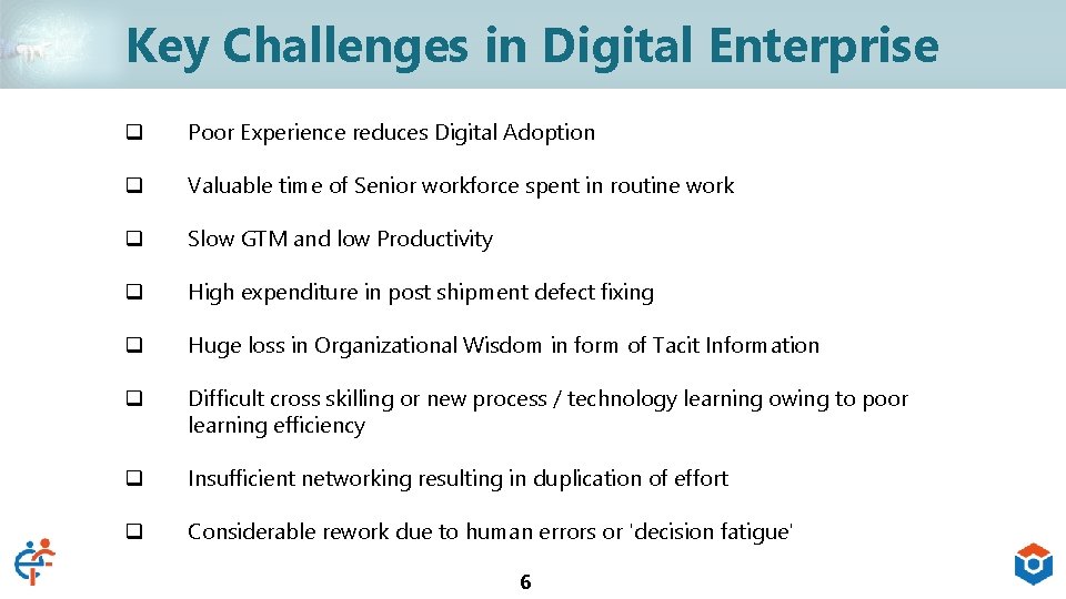 Key Challenges in Digital Enterprise q Poor Experience reduces Digital Adoption q Valuable time