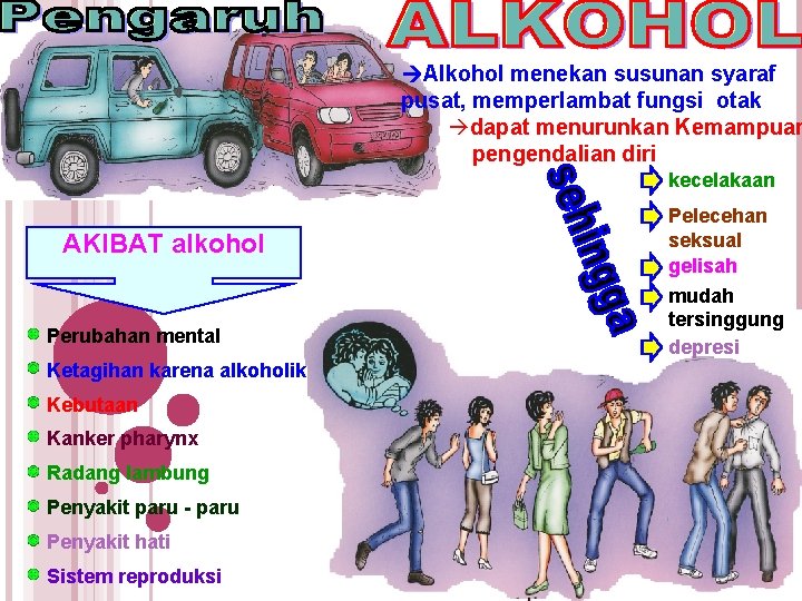  Alkohol menekan susunan syaraf pusat, memperlambat fungsi otak àdapat menurunkan Kemampuan pengendalian diri