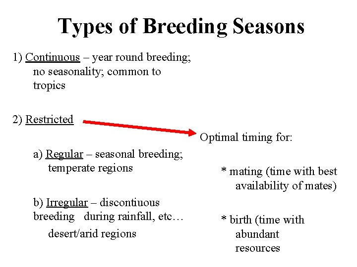Types of Breeding Seasons 1) Continuous – year round breeding; no seasonality; common to