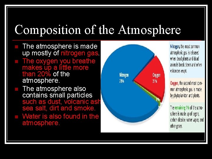 Composition of the Atmosphere n n The atmosphere is made up mostly of nitrogen Composition of the Atmosphere n n The atmosphere is made up mostly of nitrogen
