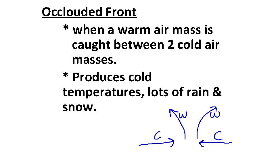 Occlouded Front * when a warm air mass is caught between 2 cold air