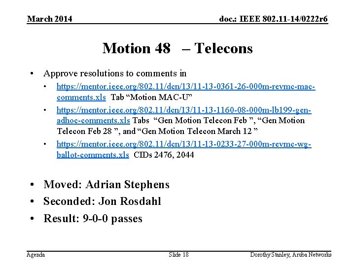 March 2014 doc. : IEEE 802. 11 -14/0222 r 6 Motion 48 – Telecons