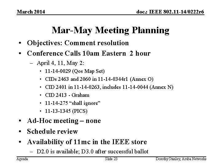 March 2014 doc. : IEEE 802. 11 -14/0222 r 6 Mar-May Meeting Planning •