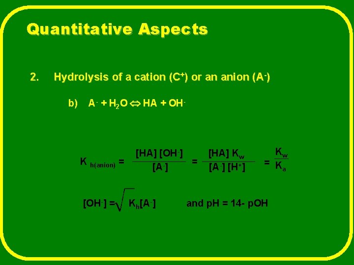 Quantitative Aspects 2. Hydrolysis of a cation (C+) or an anion (A-) b) A-