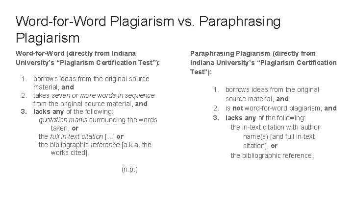 Word-for-Word Plagiarism vs. Paraphrasing Plagiarism Word-for-Word (directly from Indiana University’s “Plagiarism Certification Test”): 1.