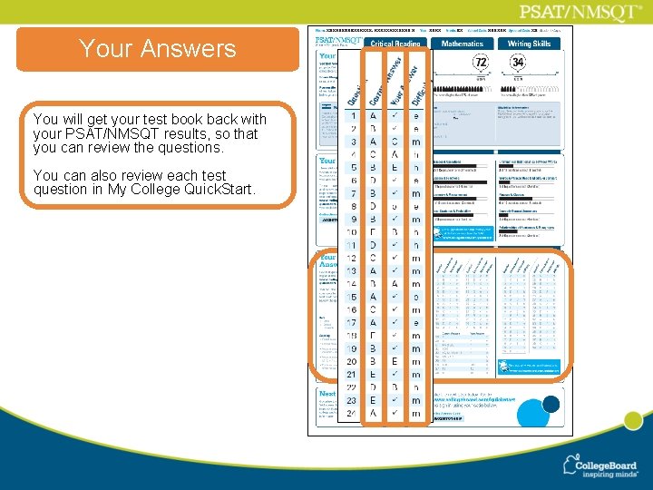 Your Answers You will get your test book back with your PSAT/NMSQT results, so