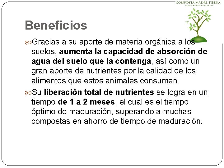 Beneficios Gracias a su aporte de materia orgánica a los suelos, aumenta la capacidad