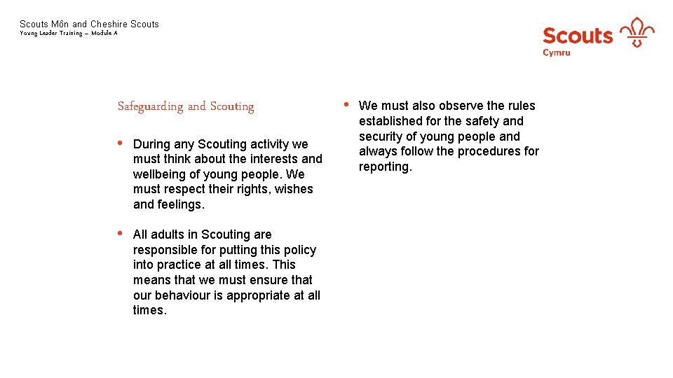 Scouts Môn and Cheshire Scouts Young Leader Training – Module A Safeguarding and Scouting