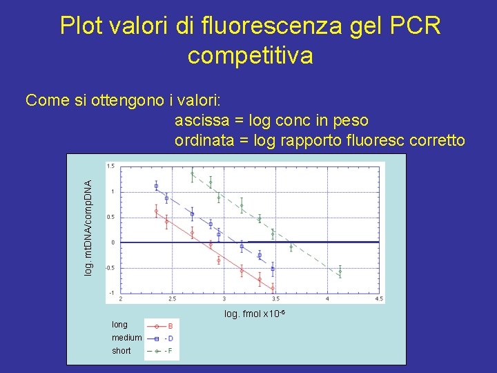 Plot valori di fluorescenza gel PCR competitiva log. mt. DNA/comp. DNA Come si ottengono