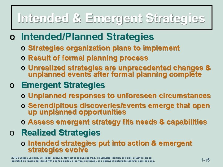 Intended & Emergent Strategies o Intended/Planned Strategies o o o Strategies organization plans to