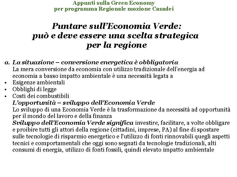 Appunti sulla Green Economy per programma Regionale mozione Casadei Puntare sull’Economia Verde: può e