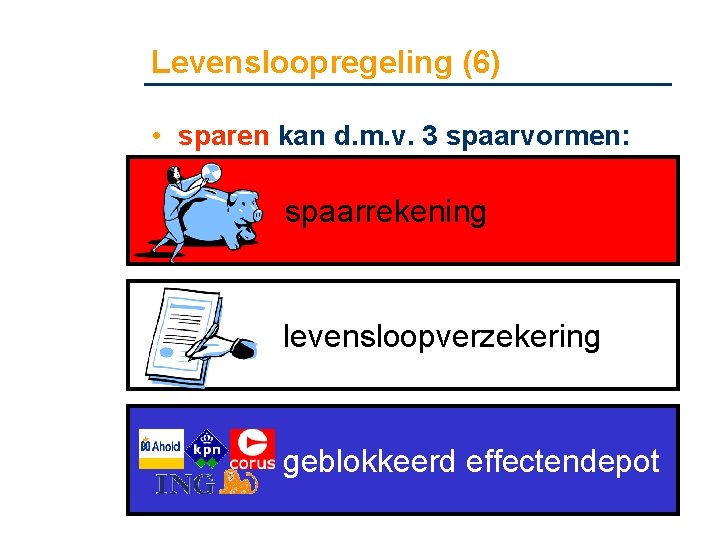 Levensloopregeling (6) • sparen kan d. m. v. 3 spaarvormen: spaarrekening levensloopverzekering geblokkeerd effectendepot