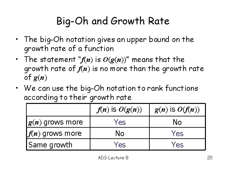 Big-Oh and Growth Rate • The big-Oh notation gives an upper bound on the