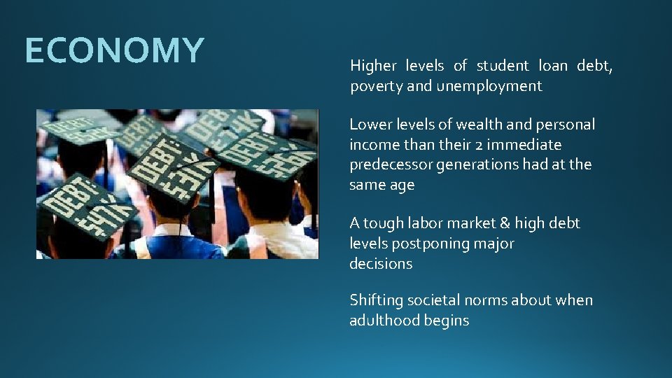 ECONOMY Higher levels of student loan debt, poverty and unemployment Lower levels of wealth