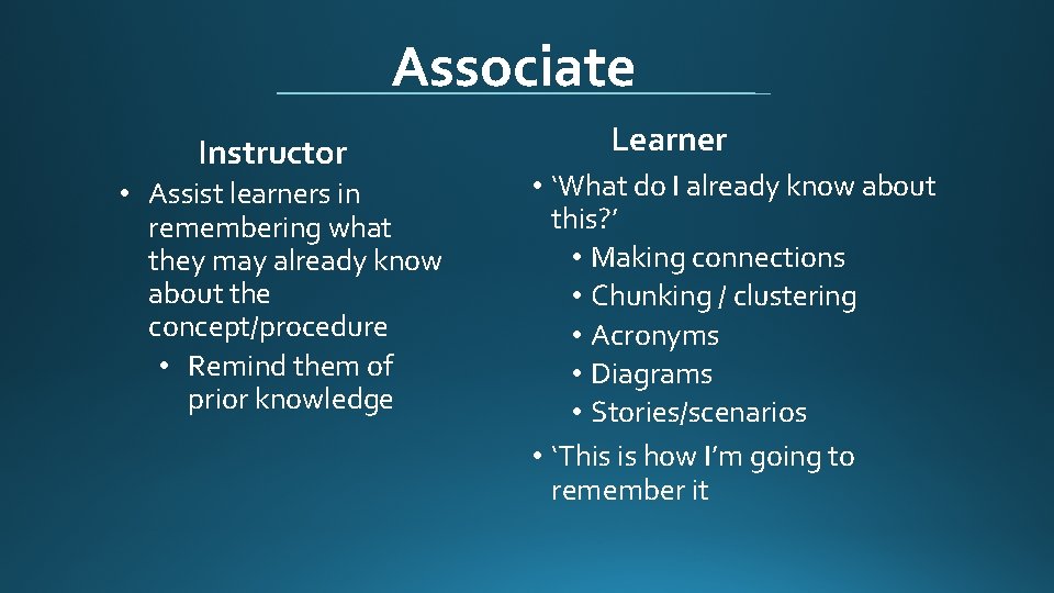 Associate Instructor • Assist learners in remembering what they may already know about the
