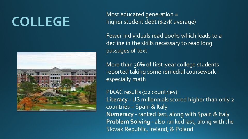 COLLEGE Most educated generation = higher student debt ($27 K average) Fewer individuals read