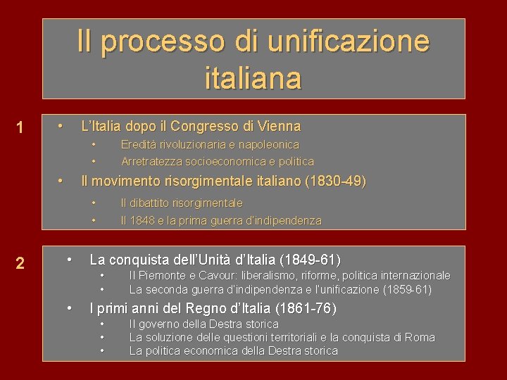 Il processo di unificazione italiana 1 • L’Italia dopo il Congresso di Vienna •