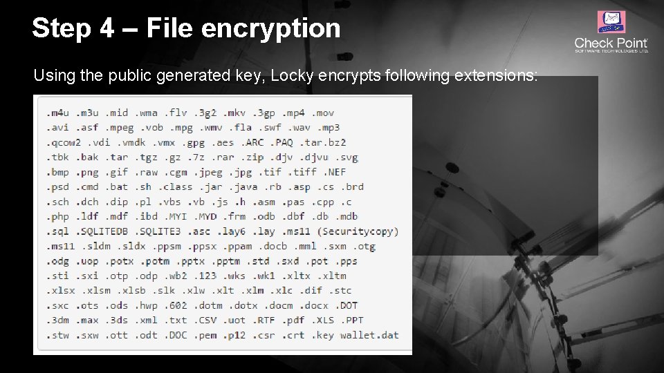 Step 4 – File encryption Using the public generated key, Locky encrypts following extensions:
